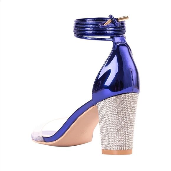 Blue Heels Sandals with Rhinestone Strappy Open Toe Clear Block 2.75 in - Picture 3 of 11